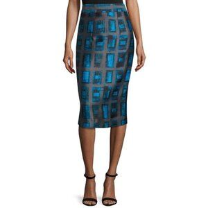 Milly Blue Brushstroke Rectangle-Print Pencil Skirt